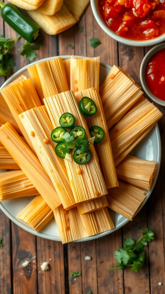 A plate of jalapeño and cheese tamales garnished with jalapeño slices and served with salsa.